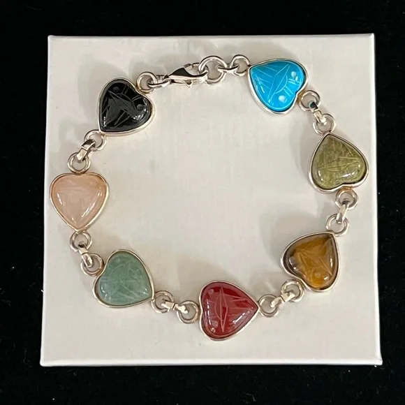 Sterling Multi Stone Scarab Heart Link Bracelet